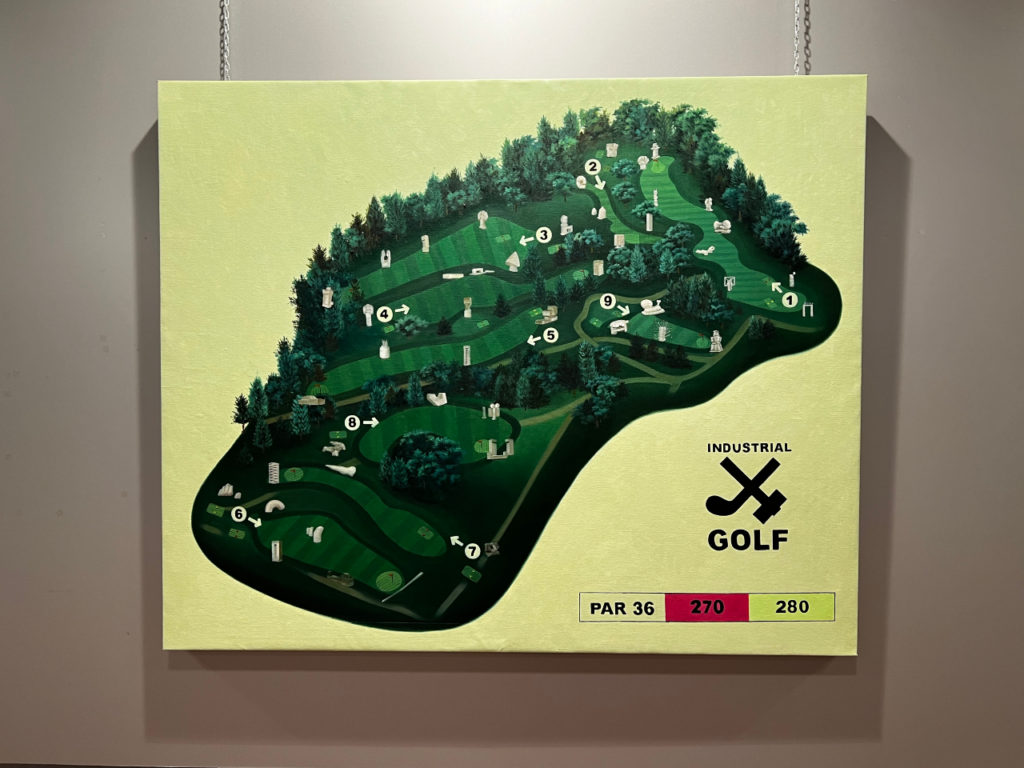 Christian Jankowski  Tee Sign Landscape 1-10, 2023. Image shows a painting depicting a golf course and sculptures.