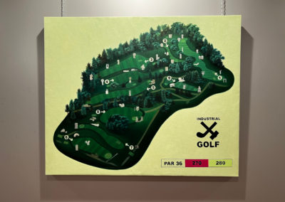 Christian Jankowski Tee Sign Landscape 1-10, 2023. Image shows a painting depicting a golf course and sculptures.