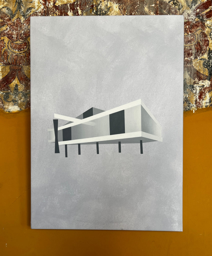 Fernanda Figueiredo Barbaric Protopia (If it’s been done before, perhaps we can do it again), 2022. Painting of a modernist pavilion a distressed wall.